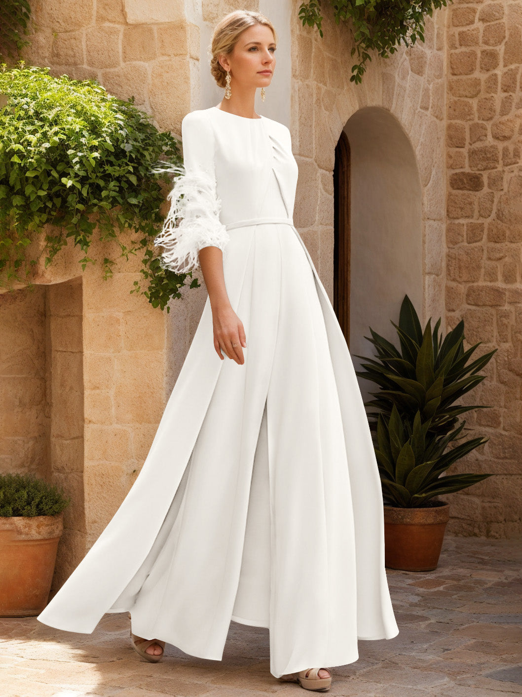Jewel Neck Half Sleeves Ankle-Length Mother Of The Bride Jumpsuits With Feathers
