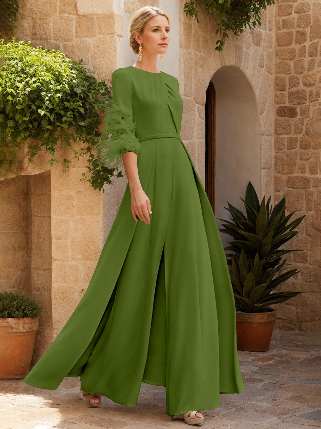 Jewel Neck Half Sleeves Ankle-Length Mother Of The Bride Jumpsuits With Feathers