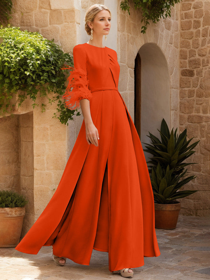 Jewel Neck Half Sleeves Ankle-Length Mother Of The Bride Jumpsuits With Feathers