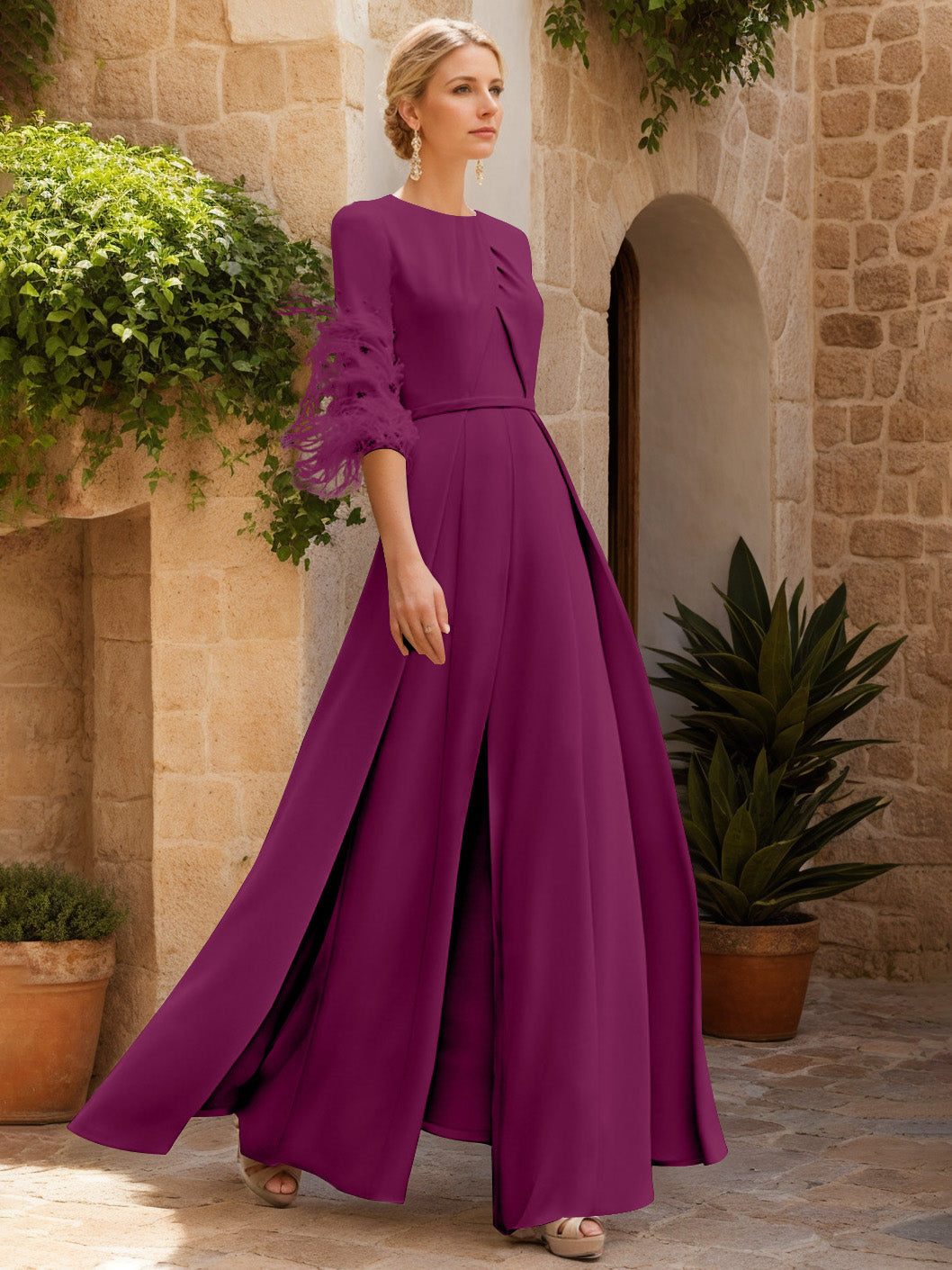 Jewel Neck Half Sleeves Ankle-Length Mother Of The Bride Jumpsuits With Feathers
