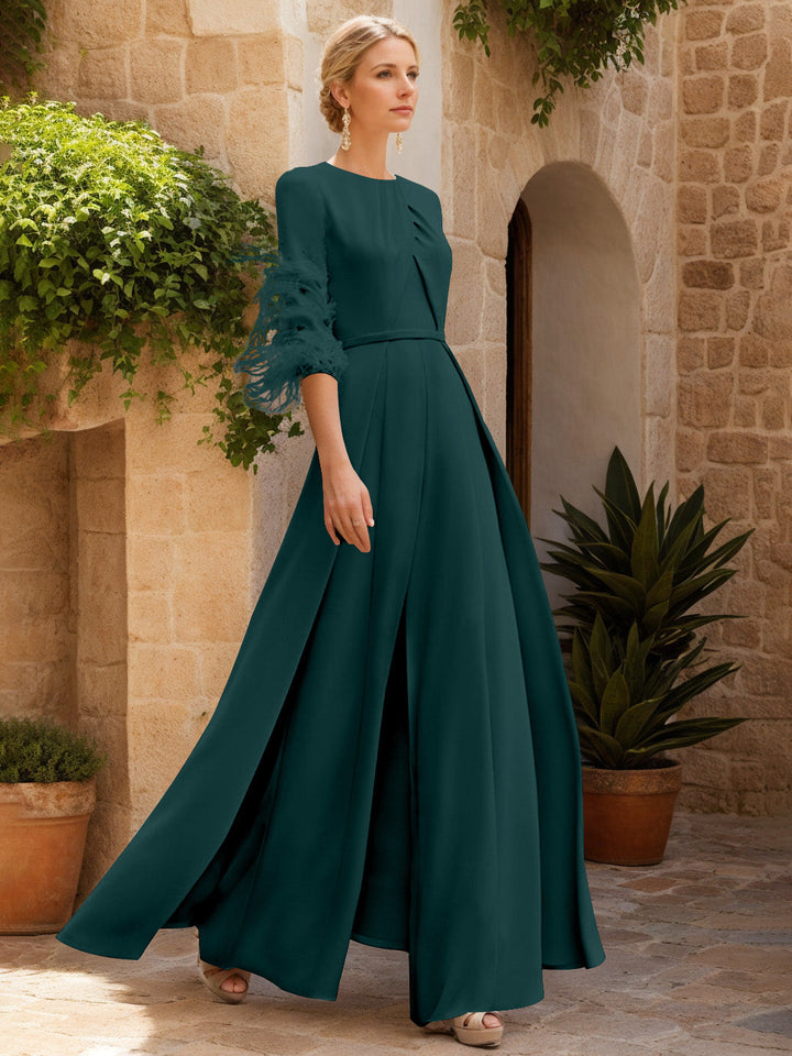 Jewel Neck Half Sleeves Ankle-Length Mother Of The Bride Jumpsuits With Feathers