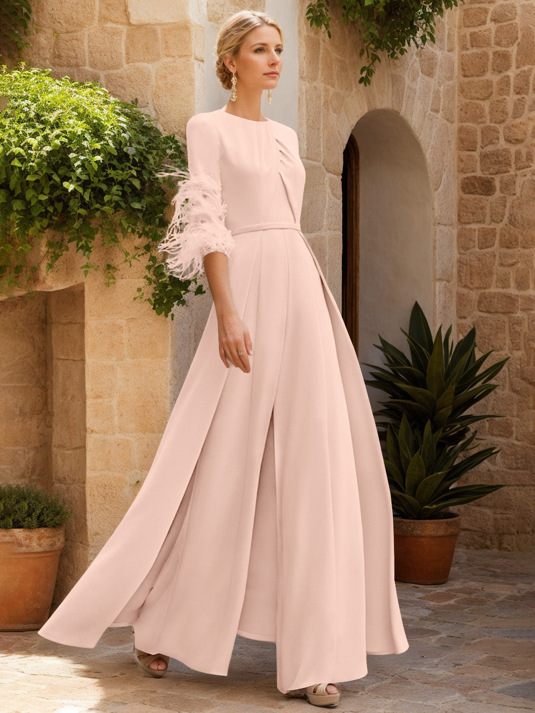 Jewel Neck Half Sleeves Ankle-Length Mother Of The Bride Jumpsuits With Feathers