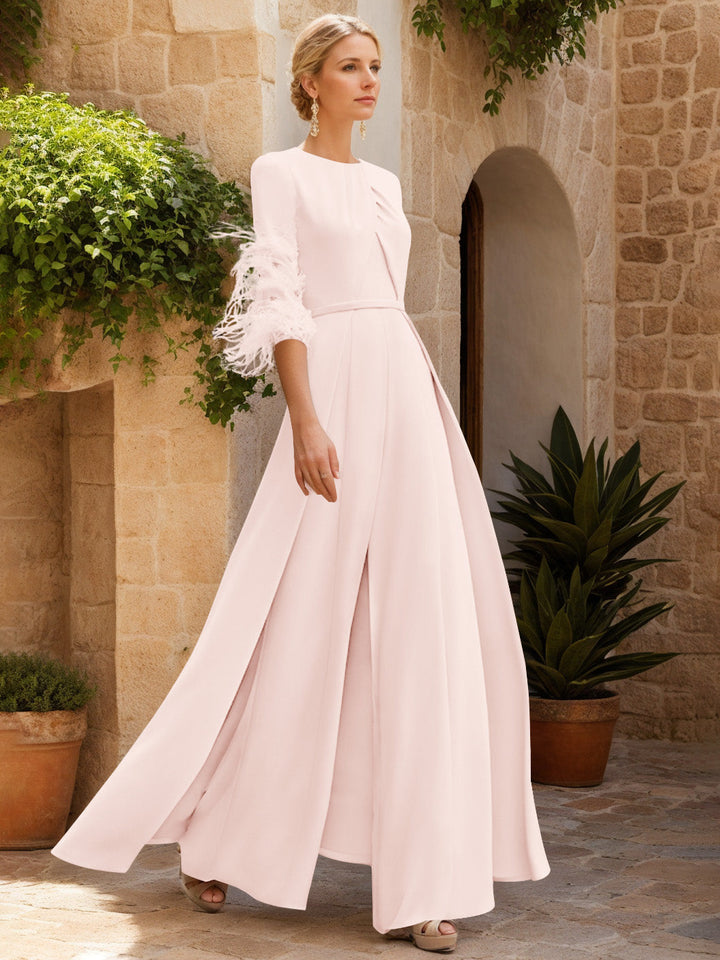 Jewel Neck Half Sleeves Ankle-Length Mother Of The Bride Jumpsuits With Feathers