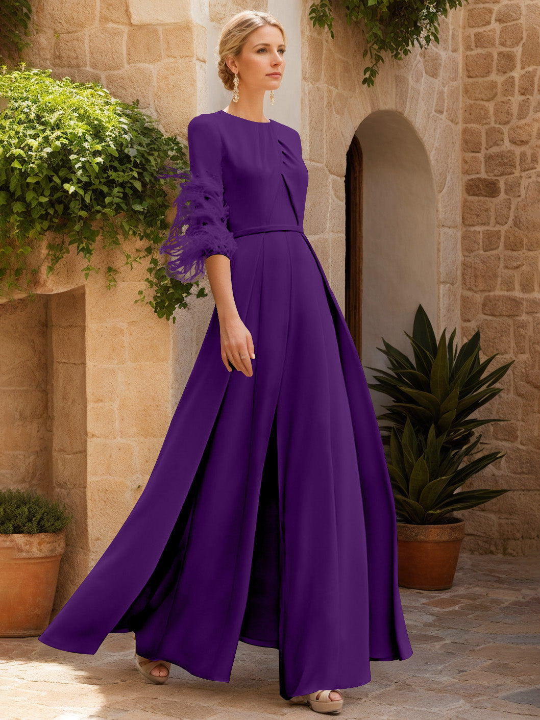 Jewel Neck Half Sleeves Ankle-Length Mother Of The Bride Jumpsuits With Feathers