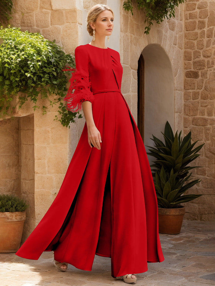 Jewel Neck Half Sleeves Ankle-Length Mother Of The Bride Jumpsuits With Feathers