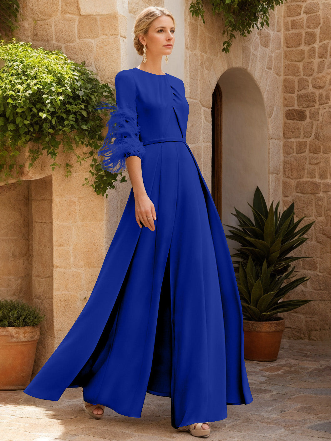 Jewel Neck Half Sleeves Ankle-Length Mother Of The Bride Jumpsuits With Feathers