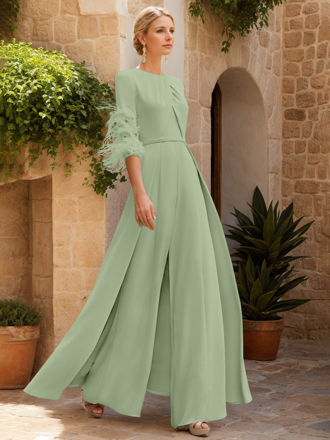 Jewel Neck Half Sleeves Ankle-Length Mother Of The Bride Jumpsuits With Feathers