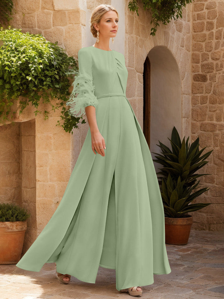 Jewel Neck Half Sleeves Ankle-Length Mother Of The Bride Jumpsuits With Feathers