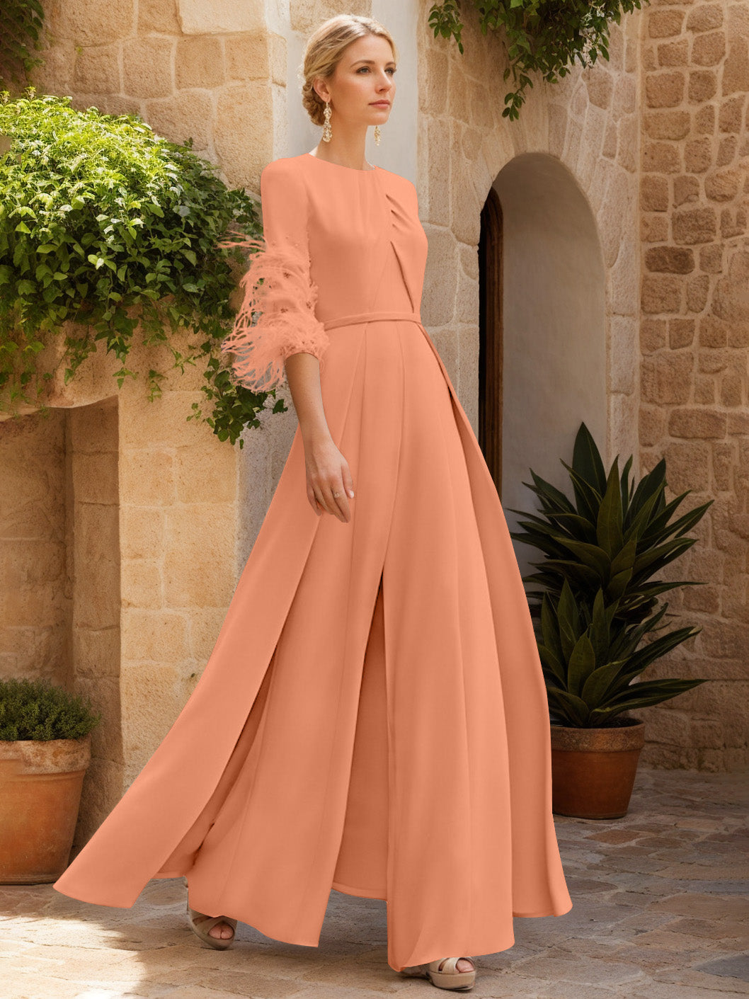 Jewel Neck Half Sleeves Ankle-Length Mother Of The Bride Jumpsuits With Feathers