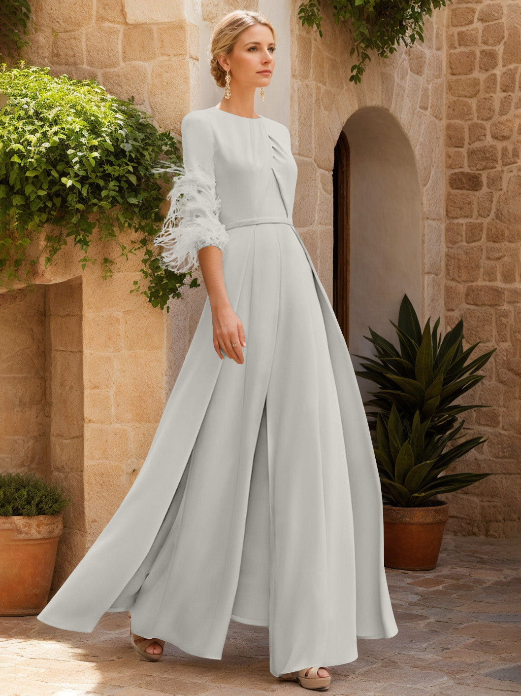 Jewel Neck Half Sleeves Ankle-Length Mother Of The Bride Jumpsuits With Feathers