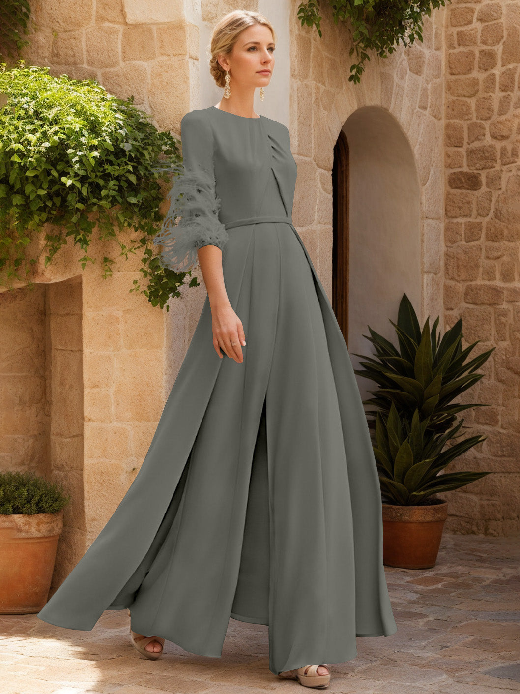 Jewel Neck Half Sleeves Ankle-Length Mother Of The Bride Jumpsuits With Feathers