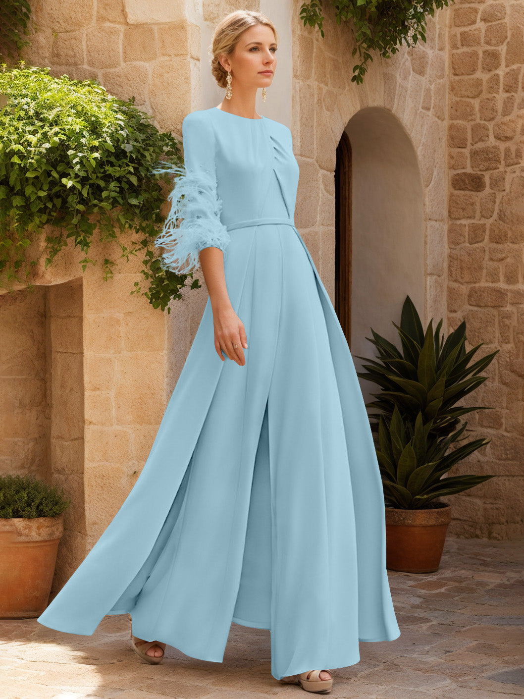Jewel Neck Half Sleeves Ankle-Length Mother Of The Bride Jumpsuits With Feathers