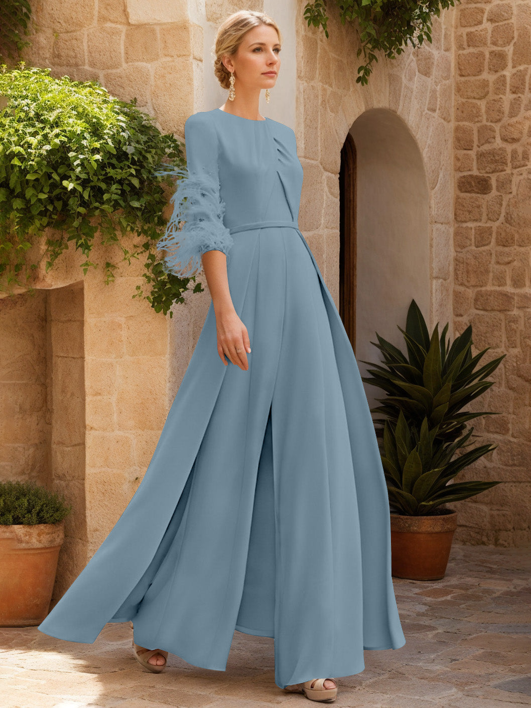 Jewel Neck Half Sleeves Ankle-Length Mother Of The Bride Jumpsuits With Feathers
