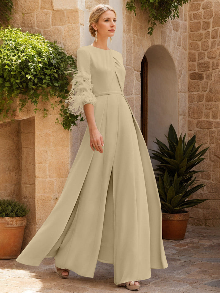 Jewel Neck Half Sleeves Ankle-Length Mother Of The Bride Jumpsuits With Feathers