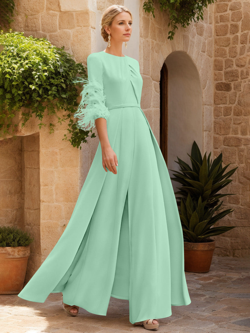 Jewel Neck Half Sleeves Ankle-Length Mother Of The Bride Jumpsuits With Feathers