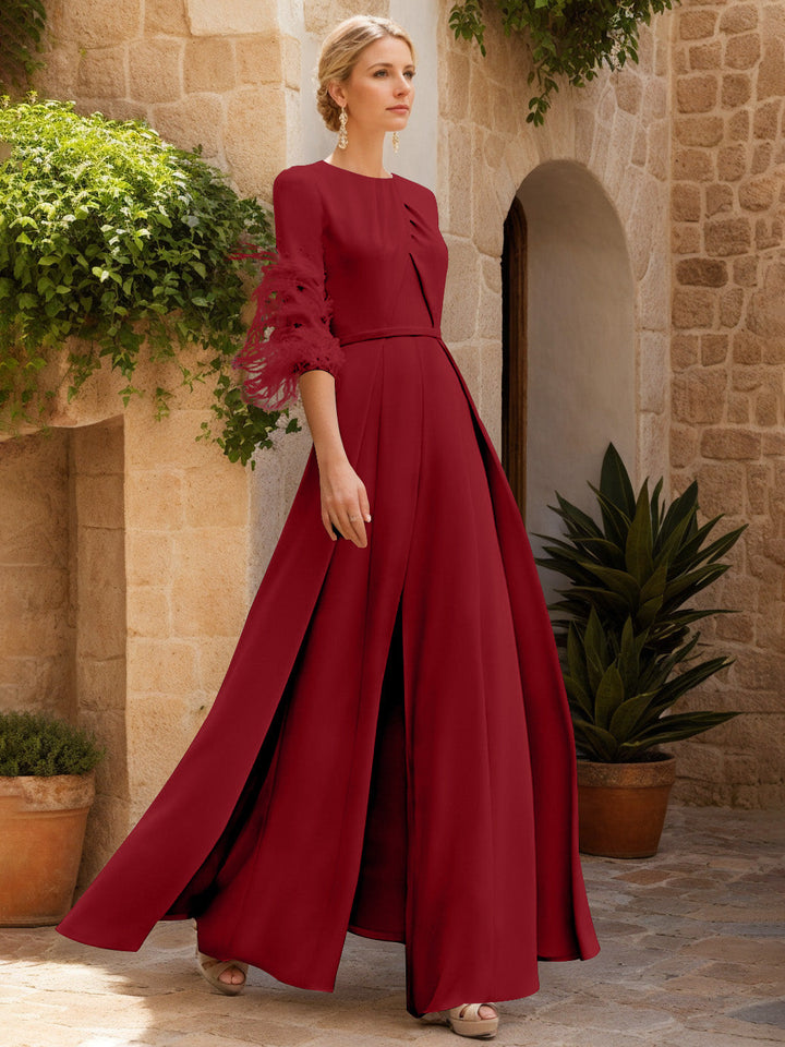 Jewel Neck Half Sleeves Ankle-Length Mother Of The Bride Jumpsuits With Feathers