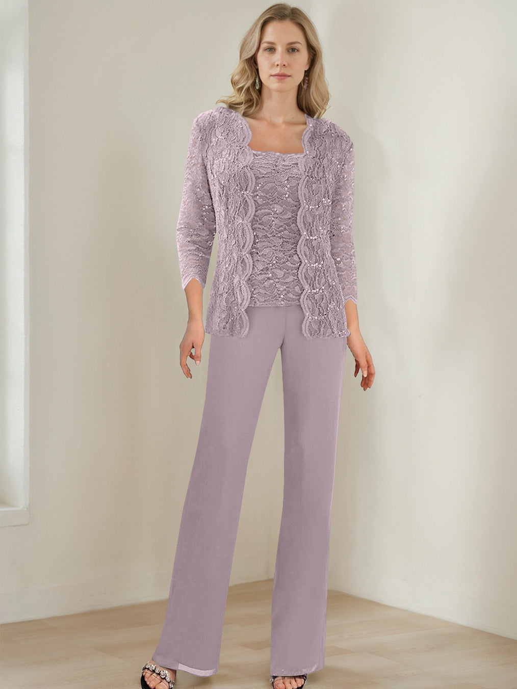 3 Pieces Square Neck 3/4 Sleeves Floor-Length Mother of the Bride Pantsuits with Sequins