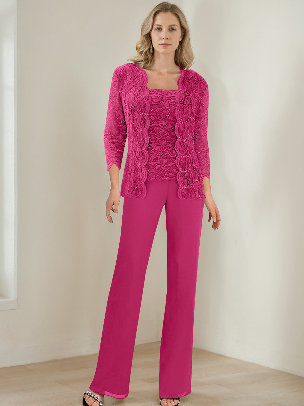 3 Pieces Square Neck 3/4 Sleeves Floor-Length Mother of the Bride Pantsuits with Sequins