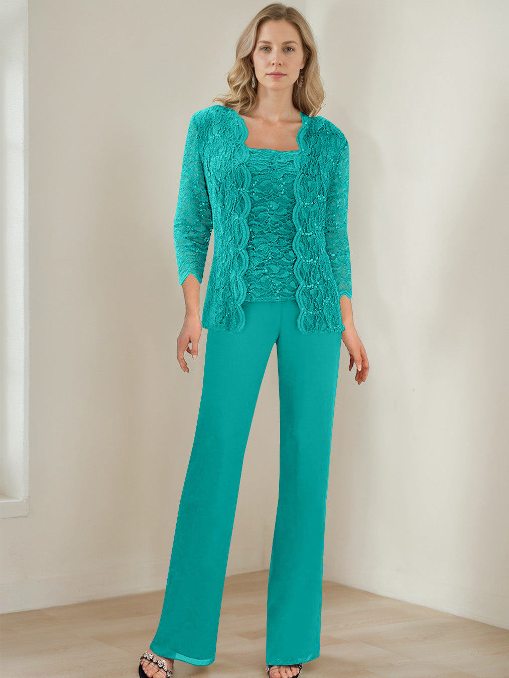 3 Pieces Square Neck 3/4 Sleeves Floor-Length Mother of the Bride Pantsuits with Sequins