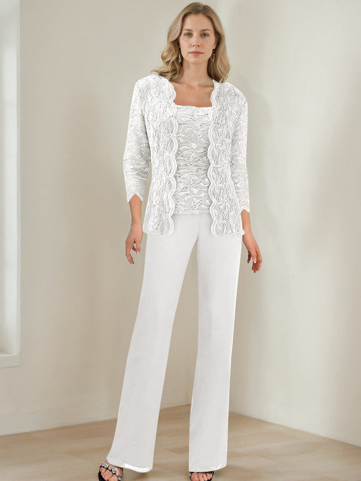 3 Pieces Square Neck 3/4 Sleeves Floor-Length Mother of the Bride Pantsuits with Sequins