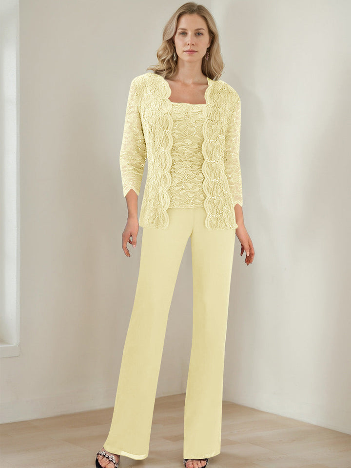 3 Pieces Square Neck 3/4 Sleeves Floor-Length Mother of the Bride Pantsuits with Sequins