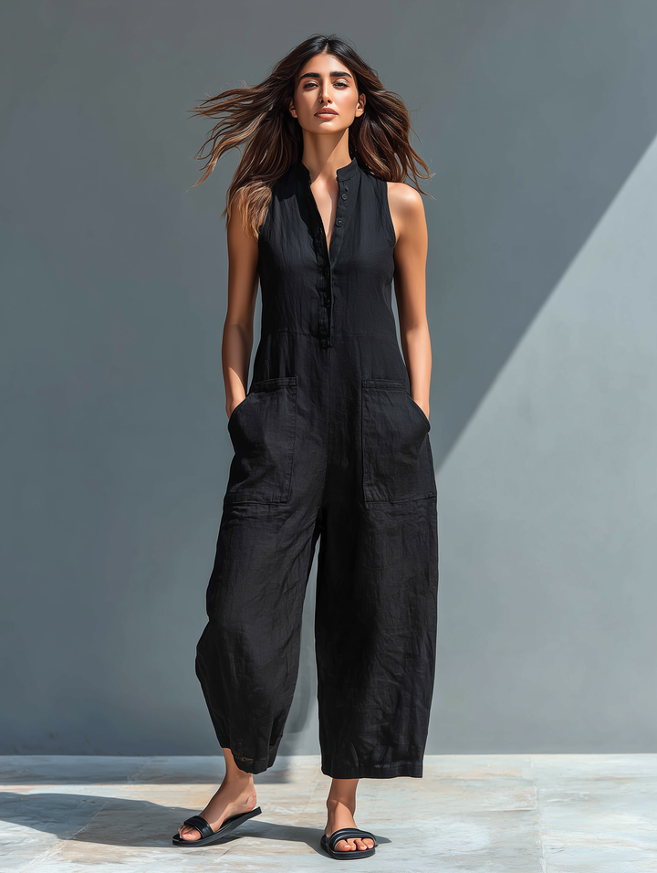 Lea | Minimalist Linen Sleeveless Jumpsuit with High Collar