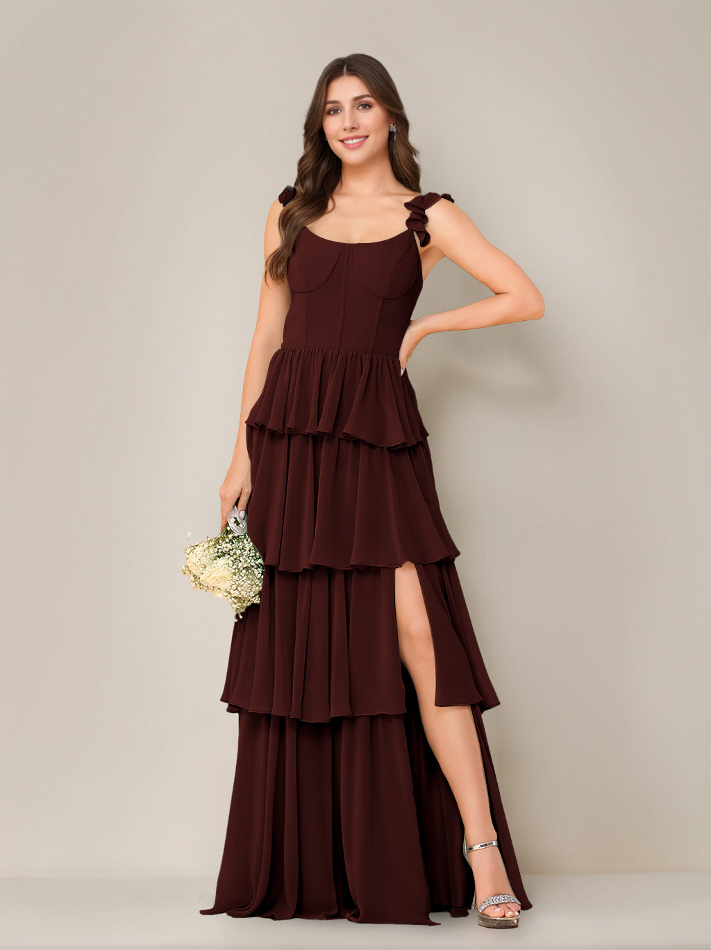 A-Line/Princess Scoop Neck Sleeveless Floor-Length Bridesmaid Dress with Ruffles & Split Side