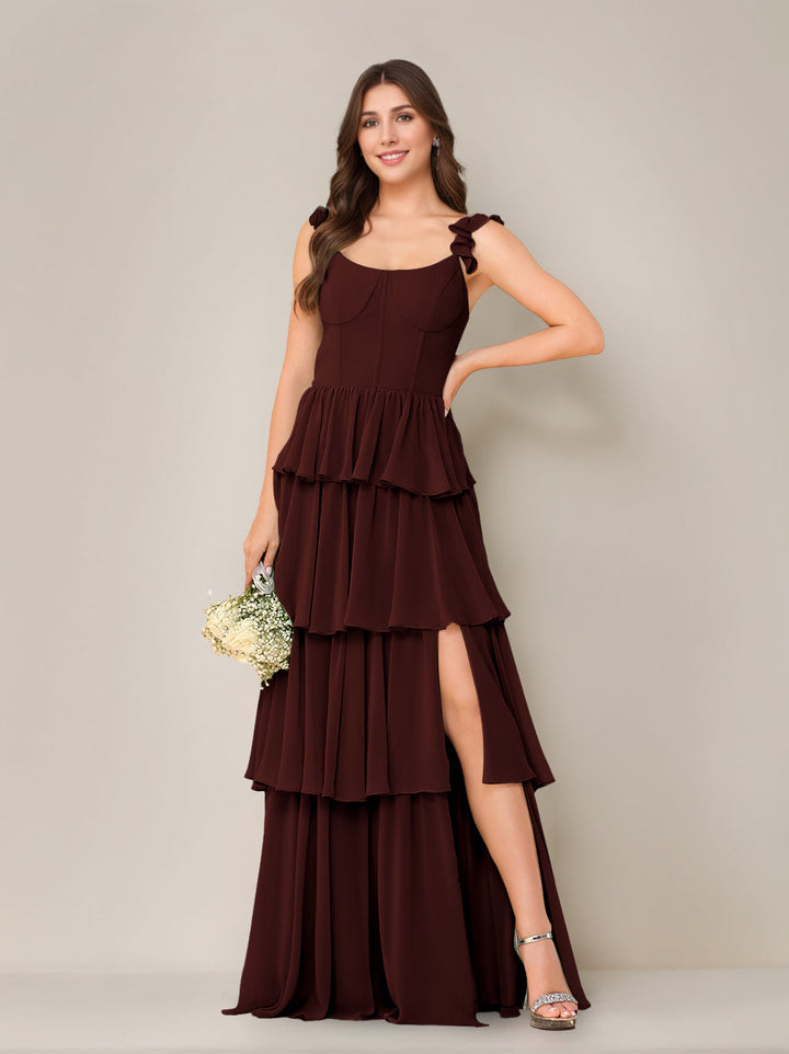 A-Line/Princess Scoop Neck Sleeveless Floor-Length Bridesmaid Dress with Ruffles & Split Side