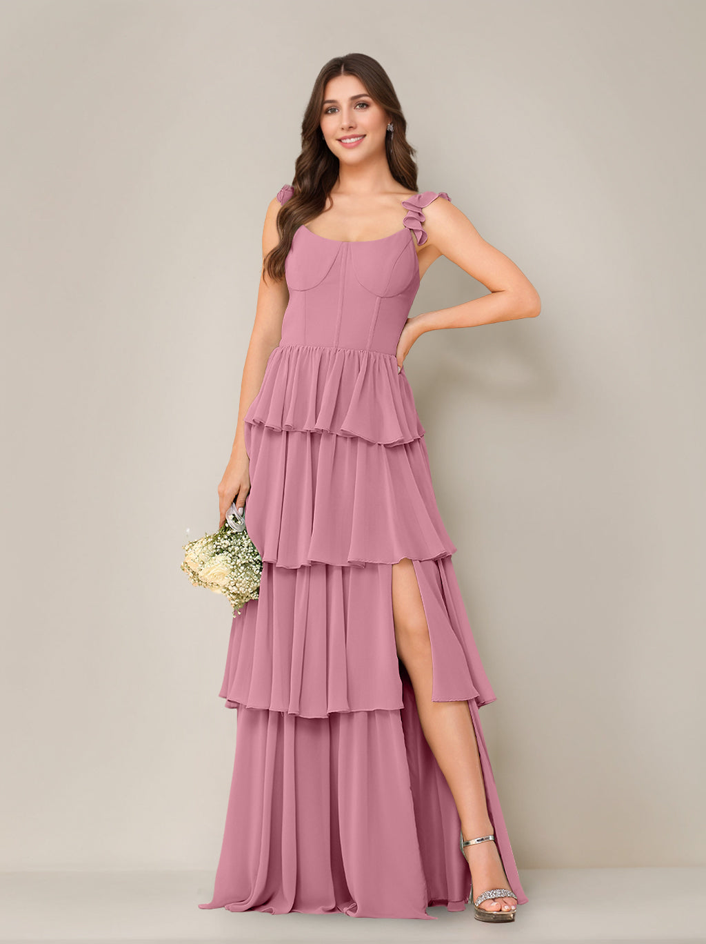 A-Line/Princess Scoop Neck Sleeveless Floor-Length Bridesmaid Dress with Ruffles & Split Side