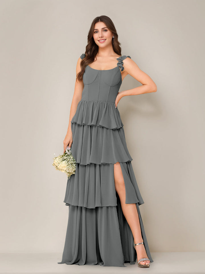 A-Line/Princess Scoop Neck Sleeveless Floor-Length Bridesmaid Dress with Ruffles & Split Side