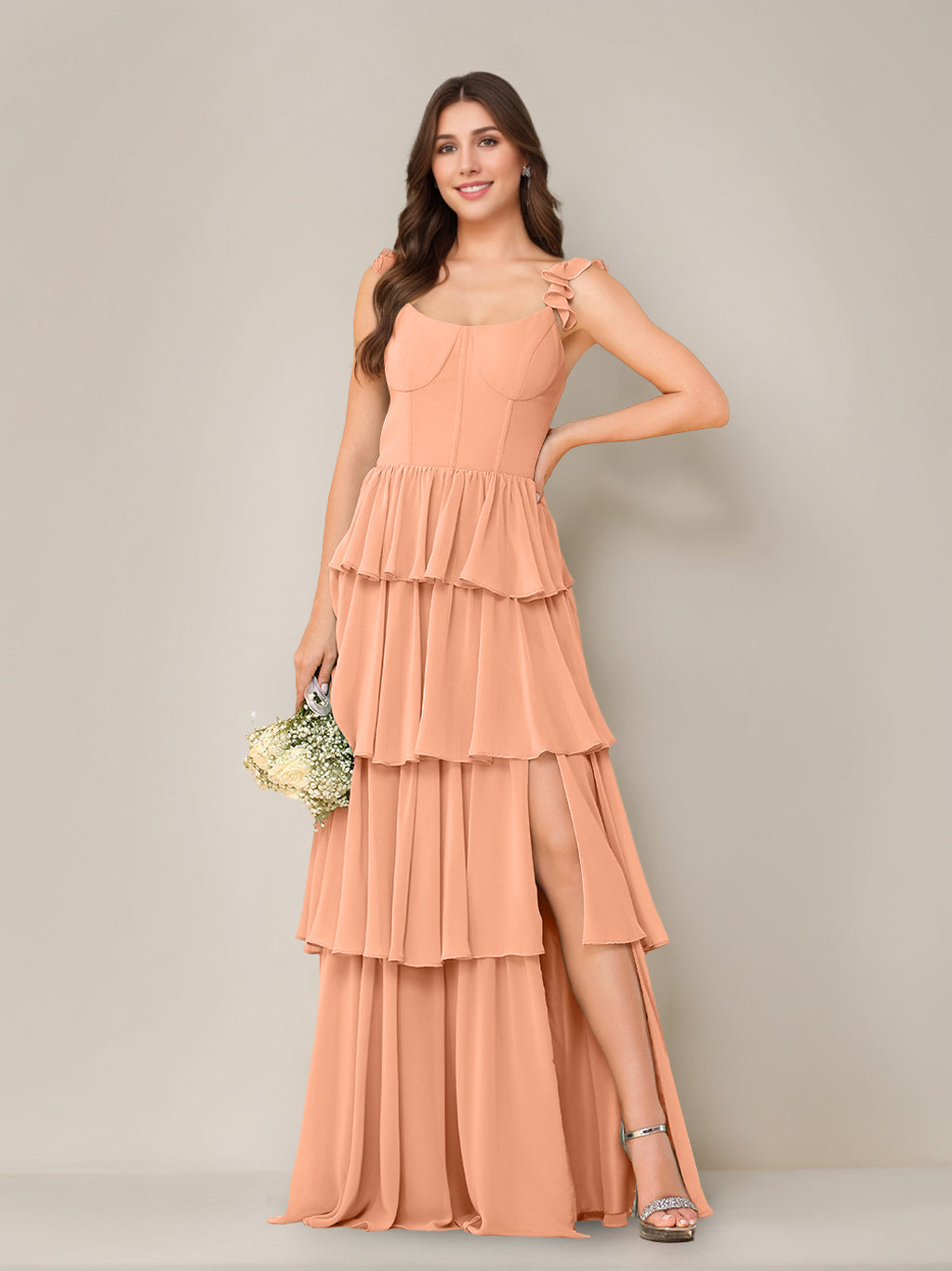 A-Line/Princess Scoop Neck Sleeveless Floor-Length Bridesmaid Dress with Ruffles & Split Side