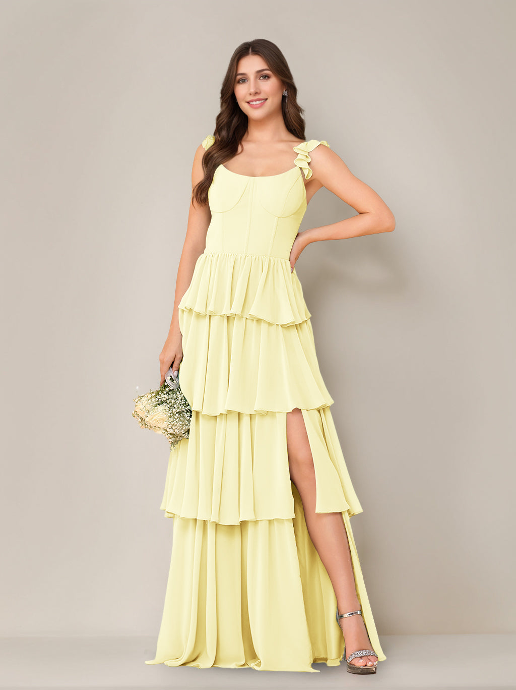 A-Line/Princess Scoop Neck Sleeveless Floor-Length Bridesmaid Dress with Ruffles & Split Side