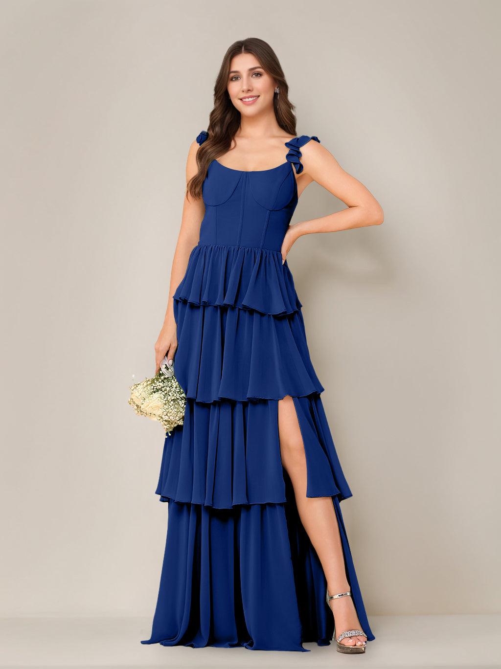A-Line/Princess Scoop Neck Sleeveless Floor-Length Bridesmaid Dress with Ruffles & Split Side