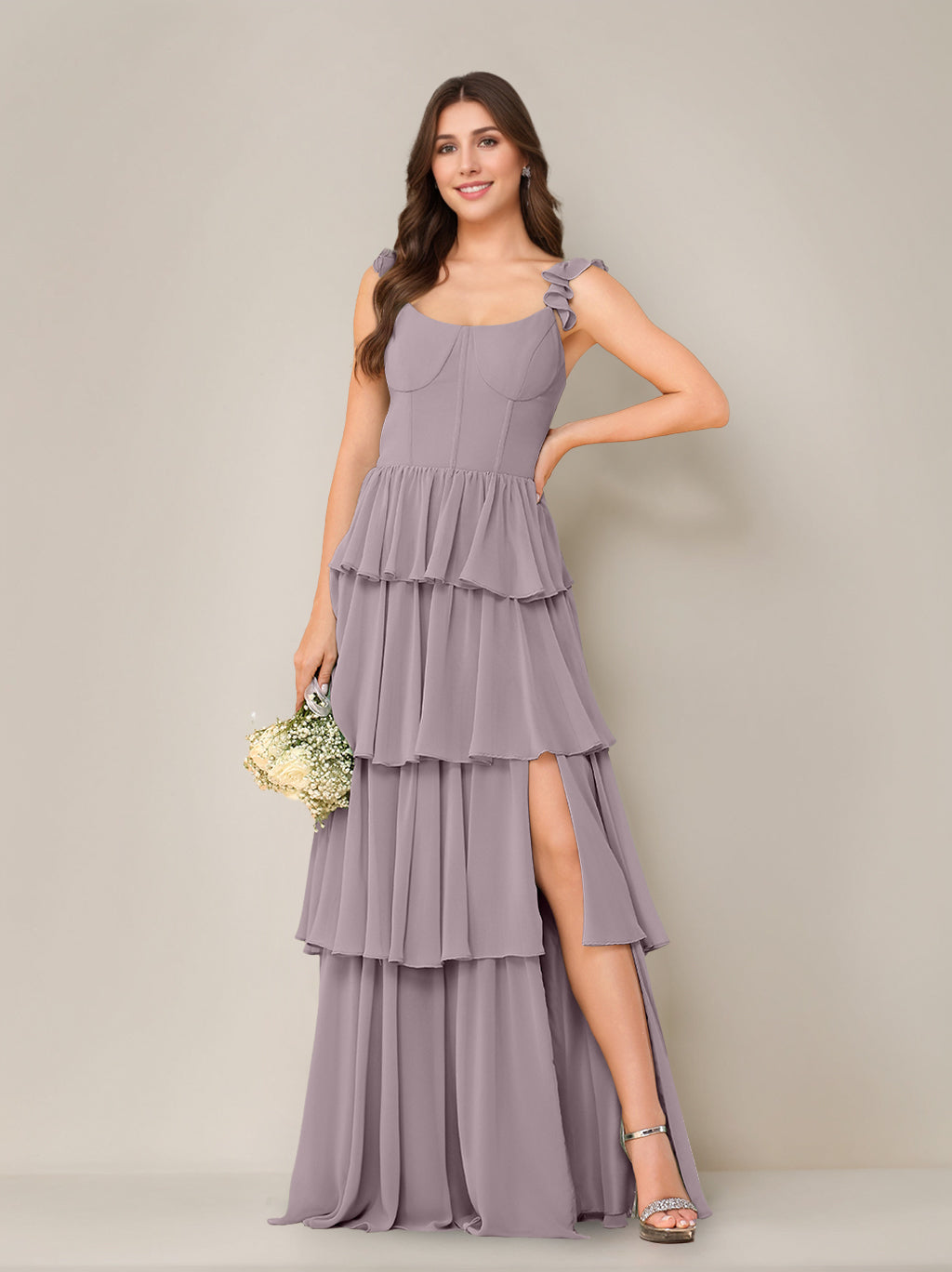 A-Line/Princess Scoop Neck Sleeveless Floor-Length Bridesmaid Dress with Ruffles & Split Side