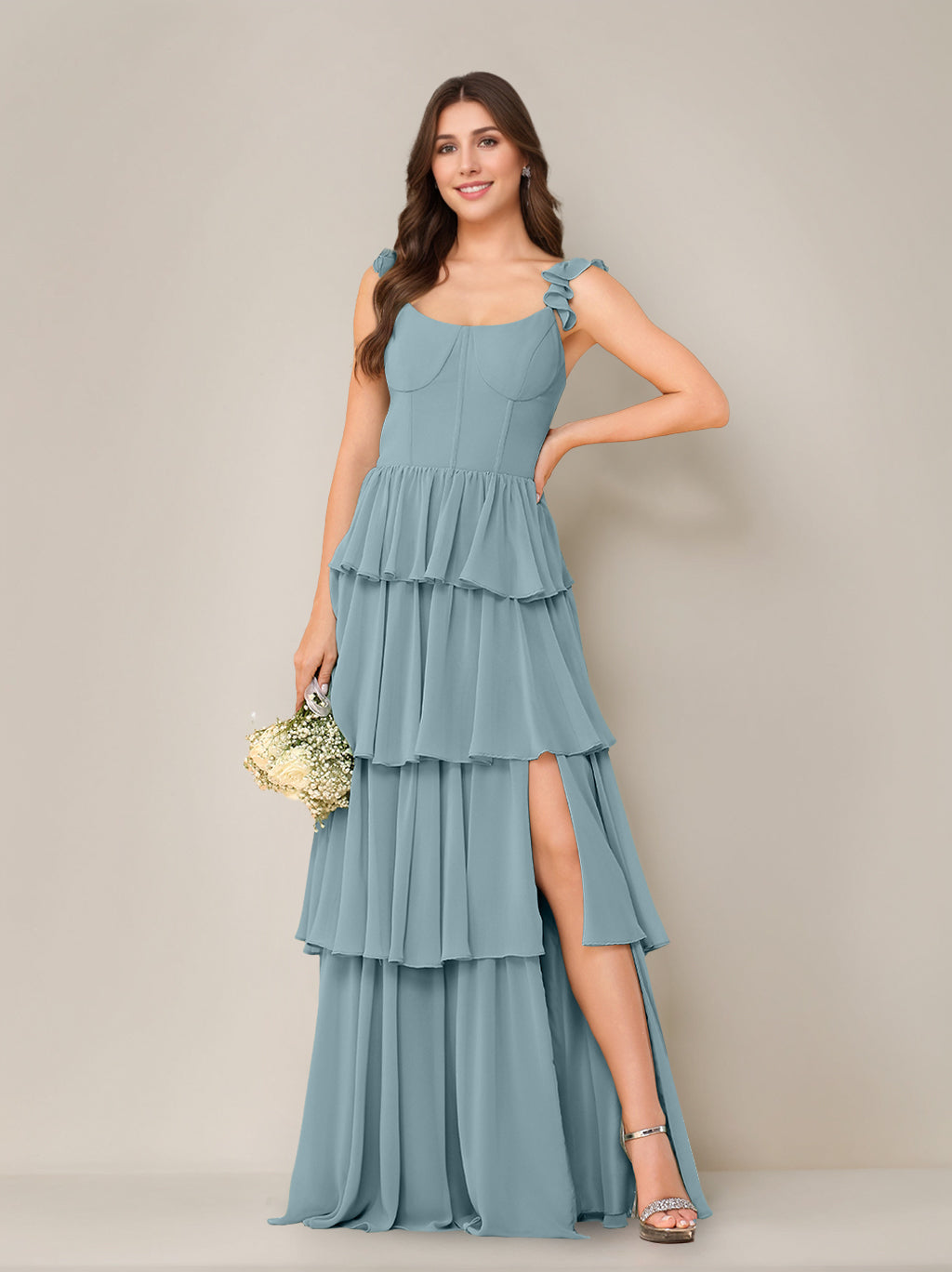 A-Line/Princess Scoop Neck Sleeveless Floor-Length Bridesmaid Dress with Ruffles & Split Side