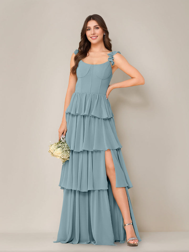 A-Line/Princess Scoop Neck Sleeveless Floor-Length Bridesmaid Dress with Ruffles & Split Side