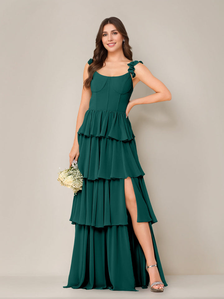A-Line/Princess Scoop Neck Sleeveless Floor-Length Bridesmaid Dress with Ruffles & Split Side