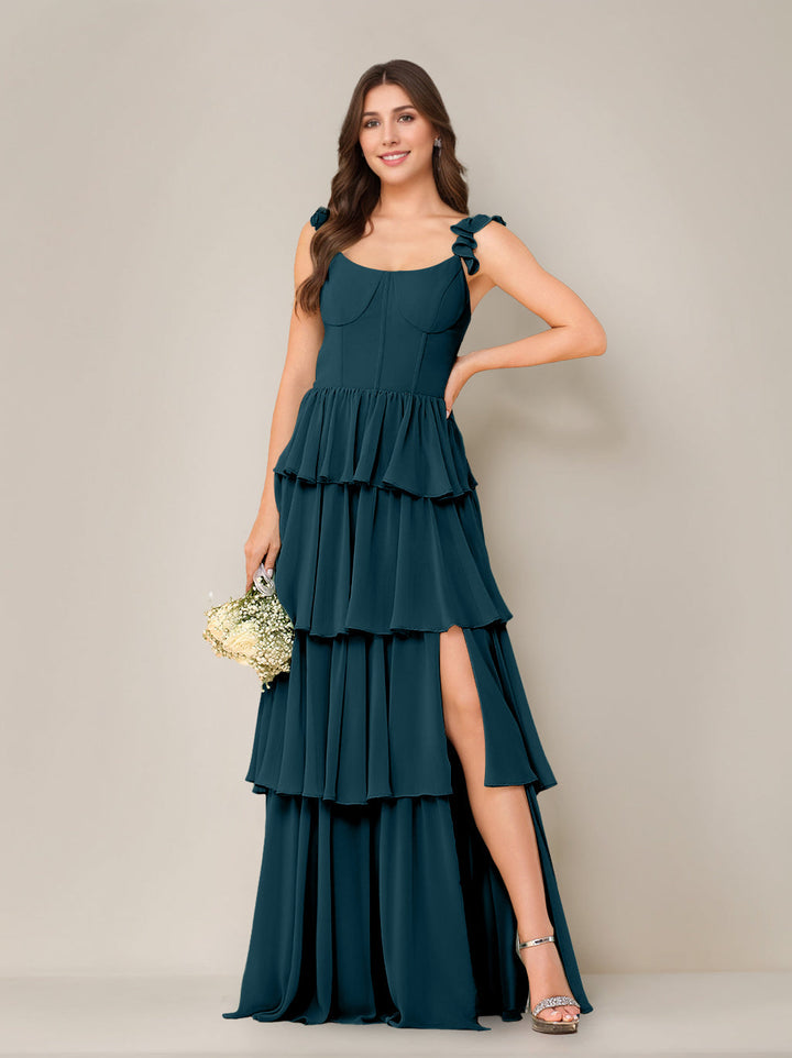A-Line/Princess Scoop Neck Sleeveless Floor-Length Bridesmaid Dress with Ruffles & Split Side