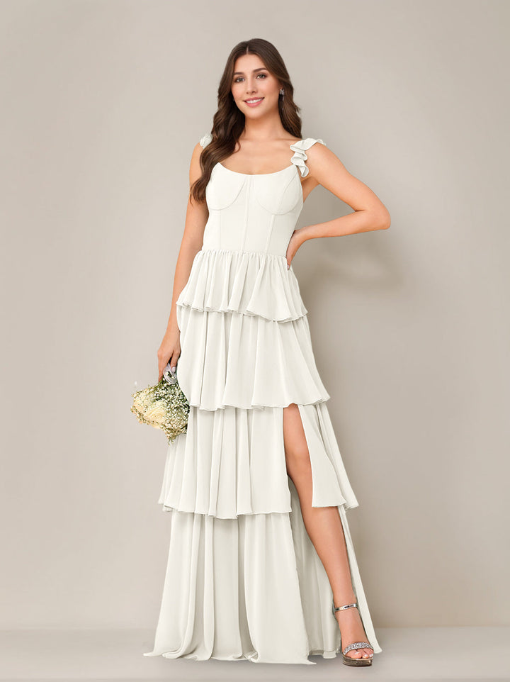 A-Line/Princess Scoop Neck Sleeveless Floor-Length Bridesmaid Dress with Ruffles & Split Side