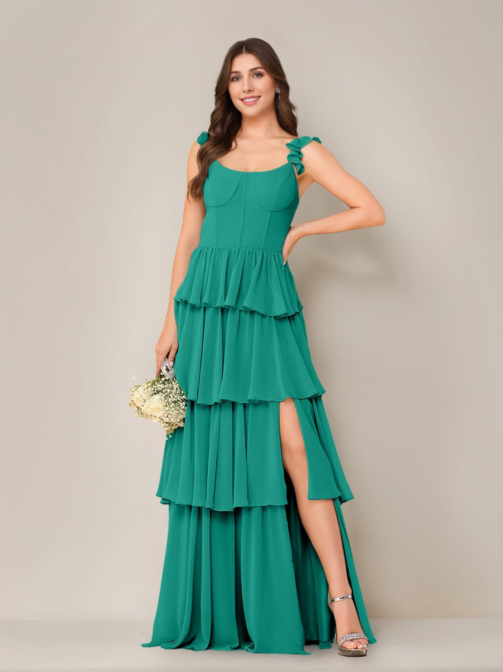 A-Line/Princess Scoop Neck Sleeveless Floor-Length Bridesmaid Dress with Ruffles & Split Side