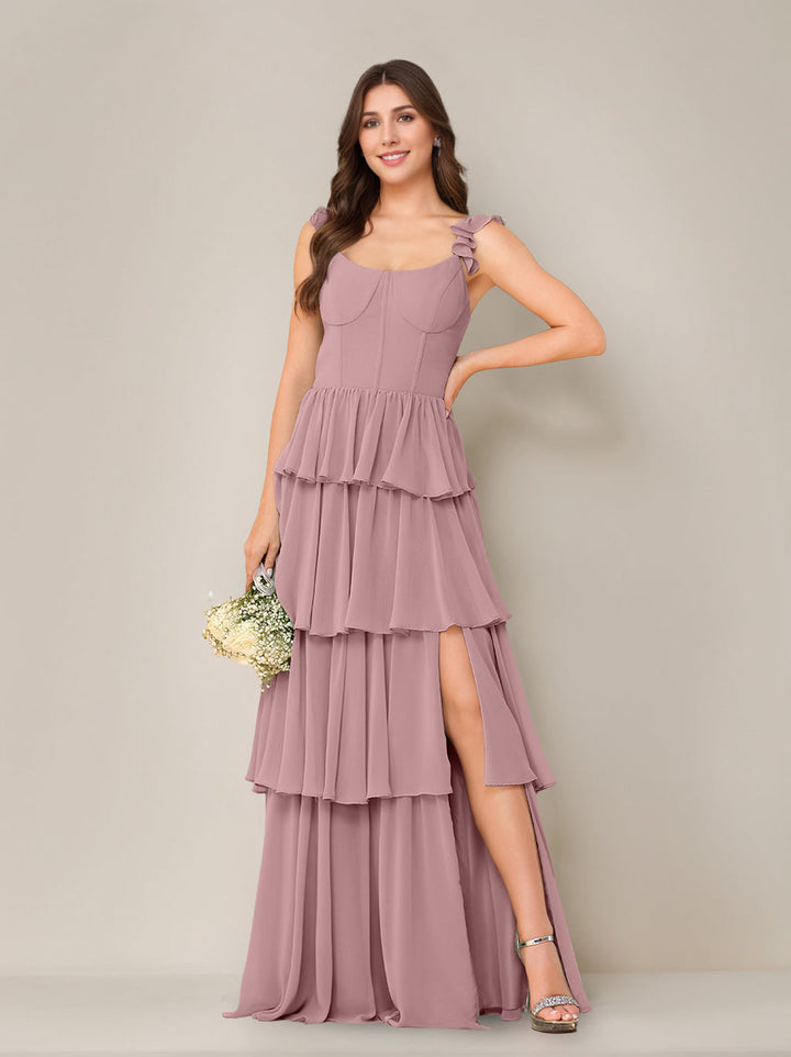 A-Line/Princess Scoop Neck Sleeveless Floor-Length Bridesmaid Dress with Ruffles & Split Side