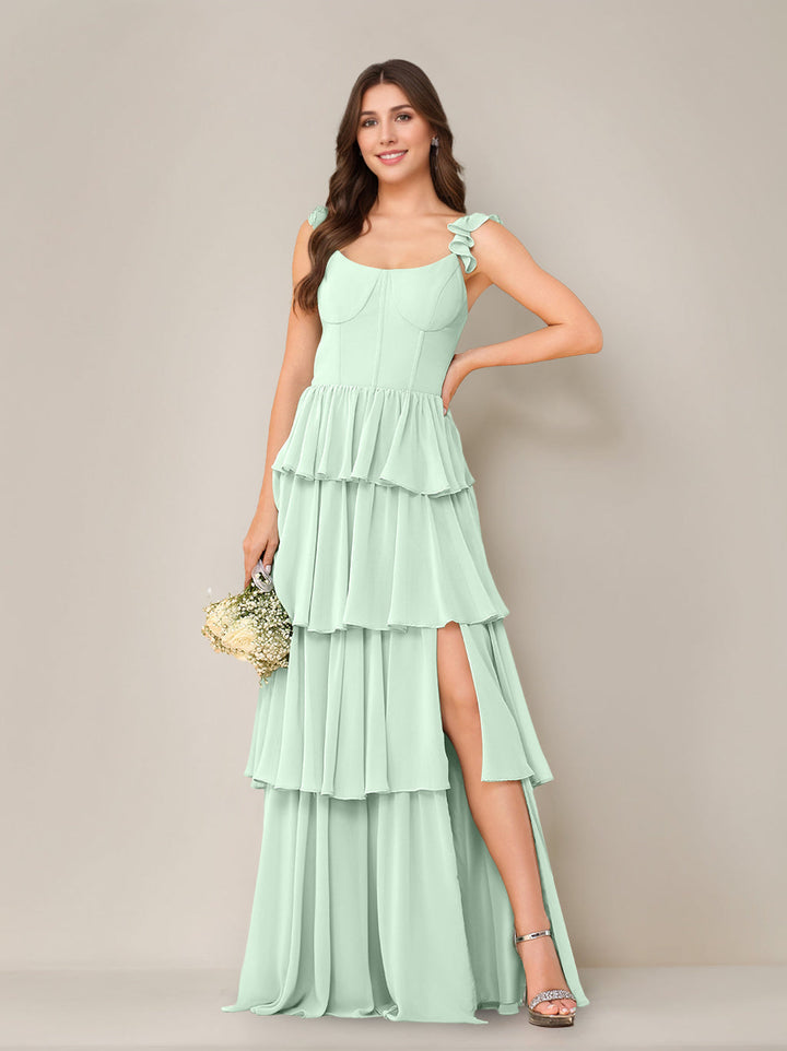 A-Line/Princess Scoop Neck Sleeveless Floor-Length Bridesmaid Dress with Ruffles & Split Side