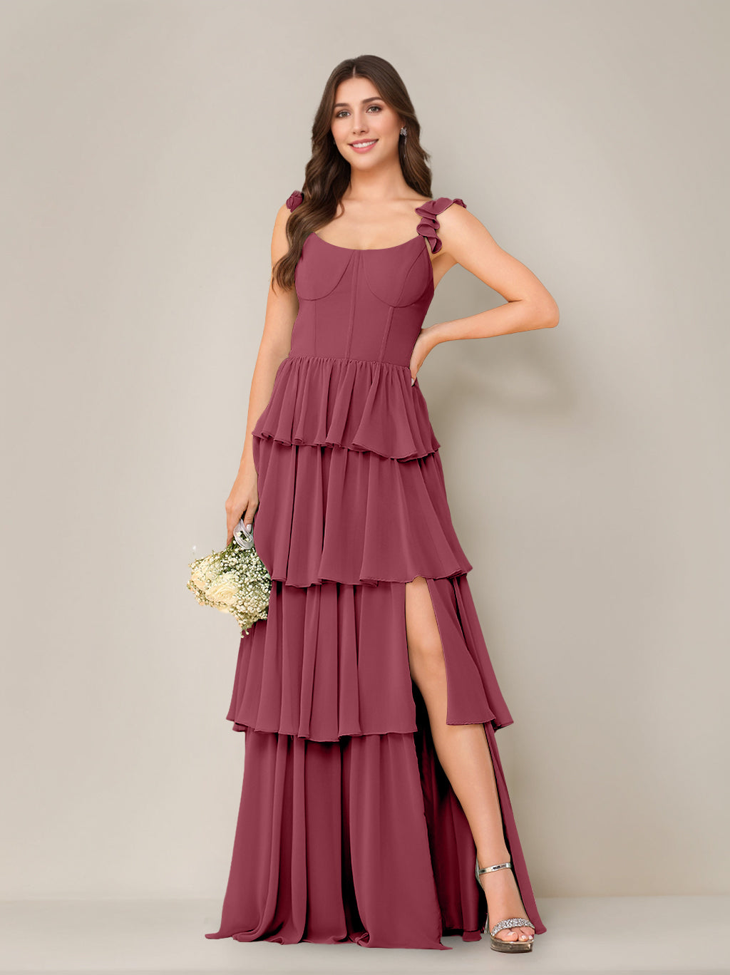 A-Line/Princess Scoop Neck Sleeveless Floor-Length Bridesmaid Dress with Ruffles & Split Side