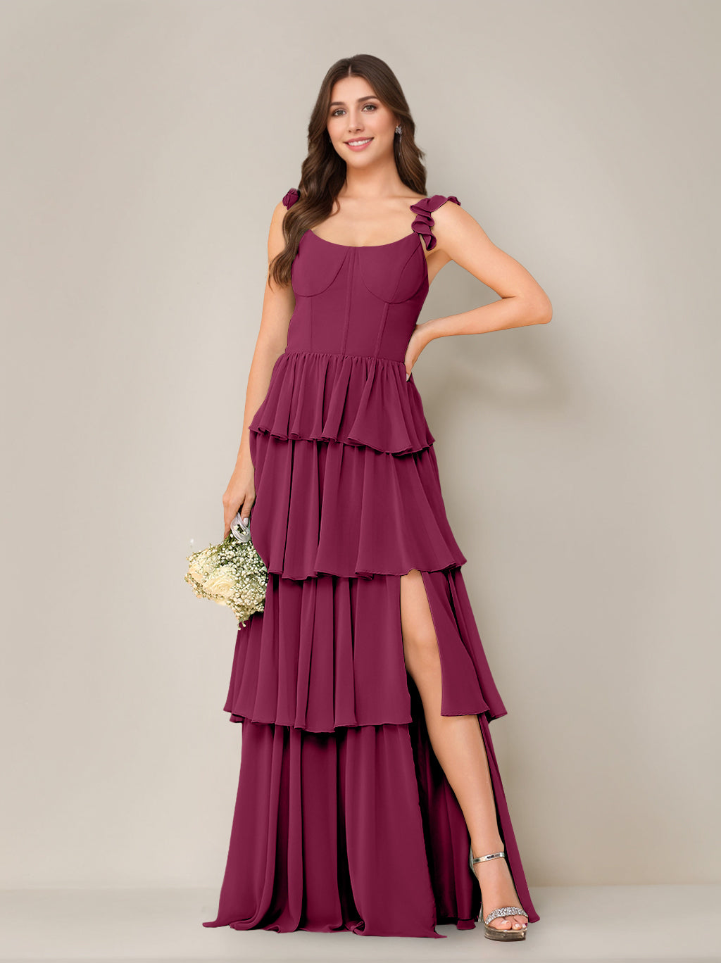 A-Line/Princess Scoop Neck Sleeveless Floor-Length Bridesmaid Dress with Ruffles & Split Side