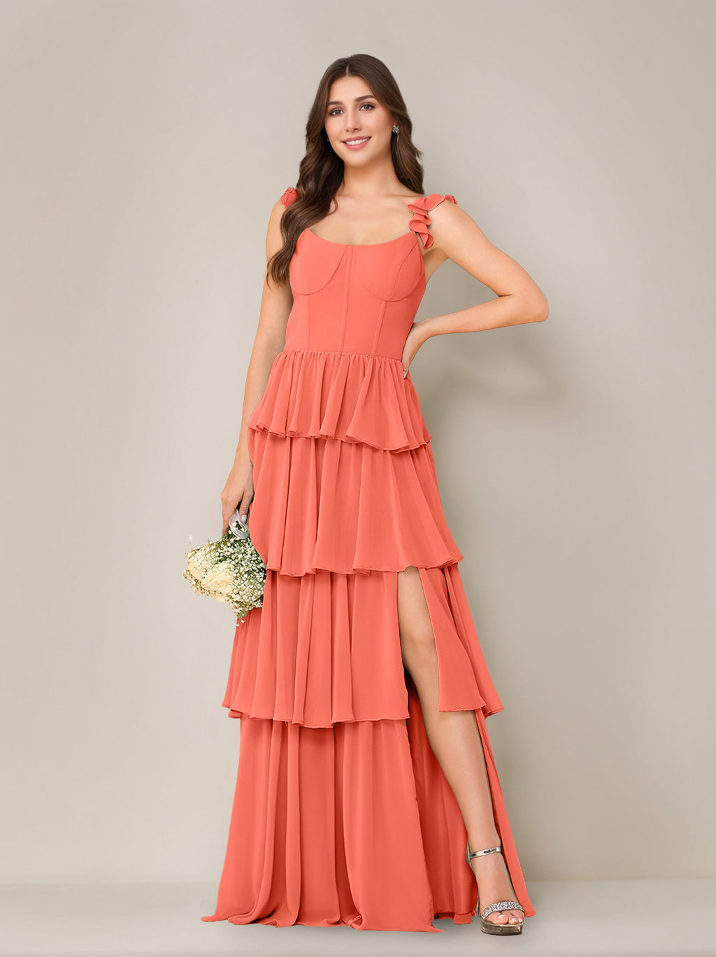 A-Line/Princess Scoop Neck Sleeveless Floor-Length Bridesmaid Dress with Ruffles & Split Side