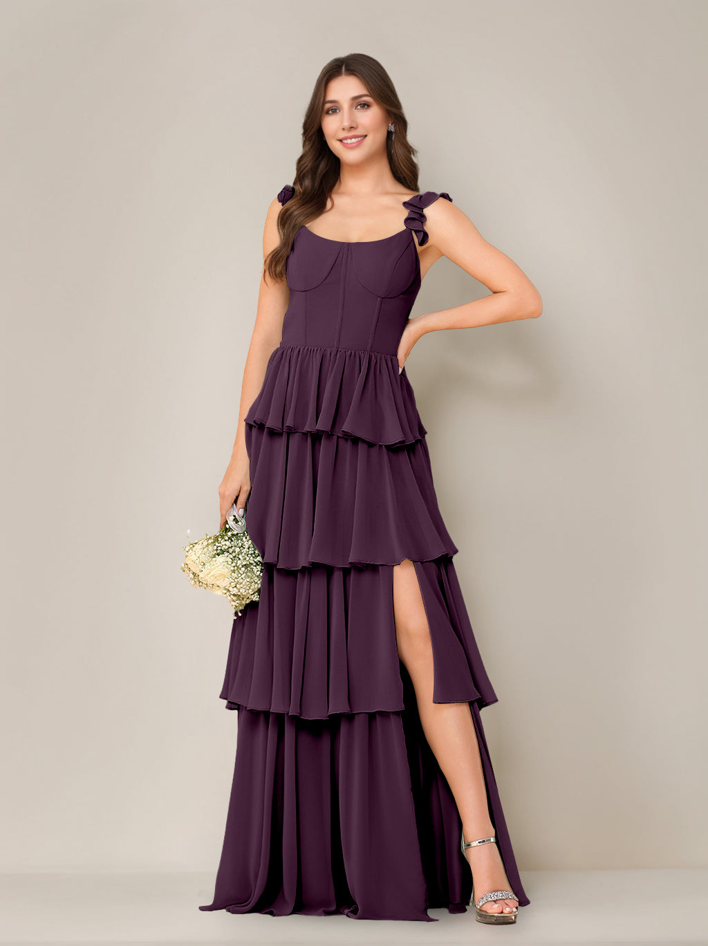 A-Line/Princess Scoop Neck Sleeveless Floor-Length Bridesmaid Dress with Ruffles & Split Side