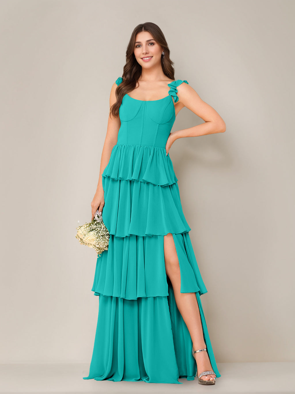 A-Line/Princess Scoop Neck Sleeveless Floor-Length Bridesmaid Dress with Ruffles & Split Side