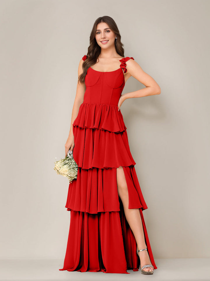 A-Line/Princess Scoop Neck Sleeveless Floor-Length Bridesmaid Dress with Ruffles & Split Side