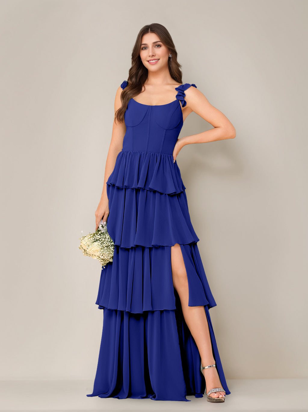 A-Line/Princess Scoop Neck Sleeveless Floor-Length Bridesmaid Dress with Ruffles & Split Side
