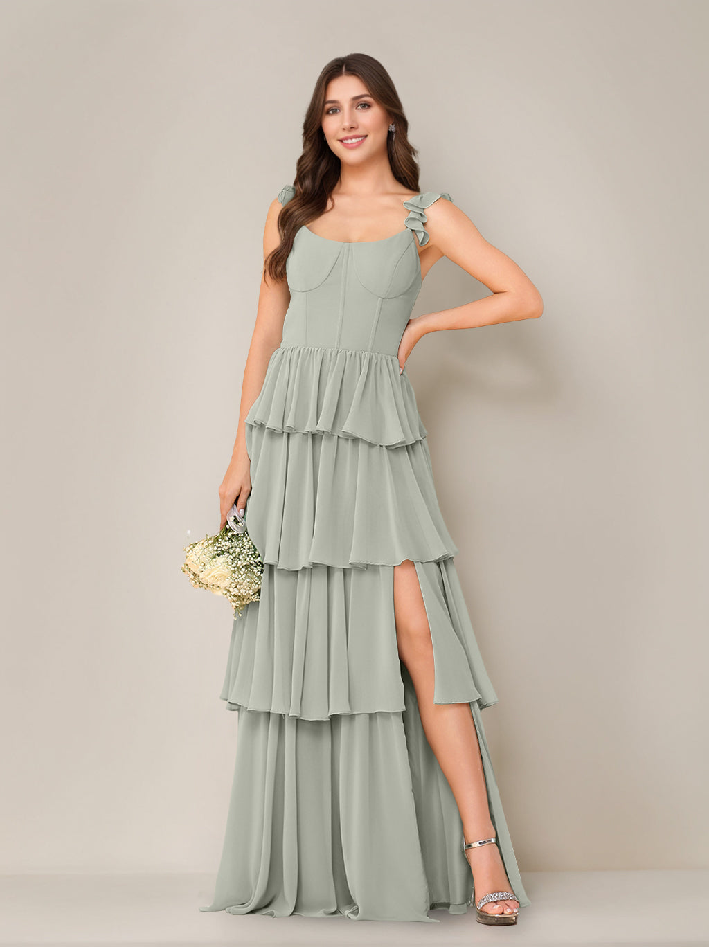 A-Line/Princess Scoop Neck Sleeveless Floor-Length Bridesmaid Dress with Ruffles & Split Side